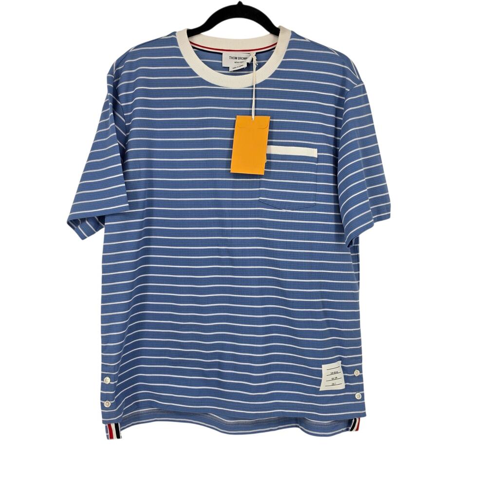 NWT Thom Browne Blue Stripe Summer Weight Milano Short Sleeve Pocket Tee Sz 3/L